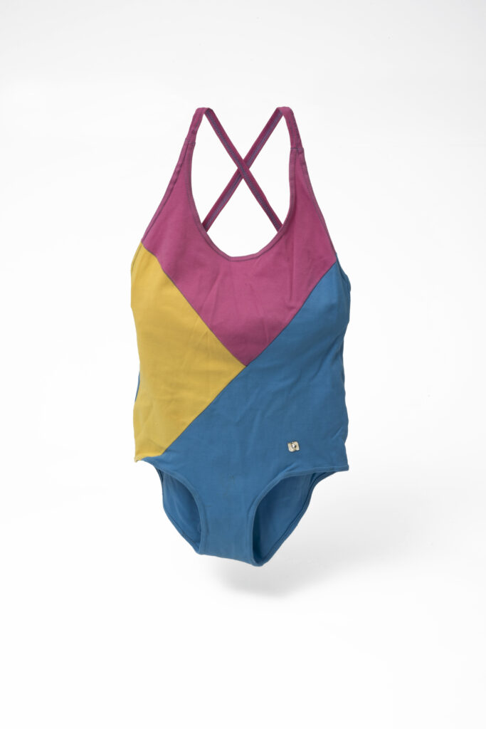 bathing suit in pink, yellow, blue
