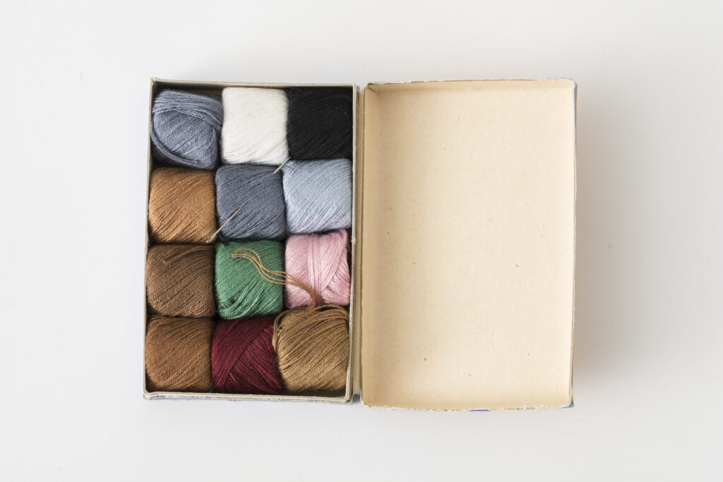 Set of threads in a cardboard box, various colors