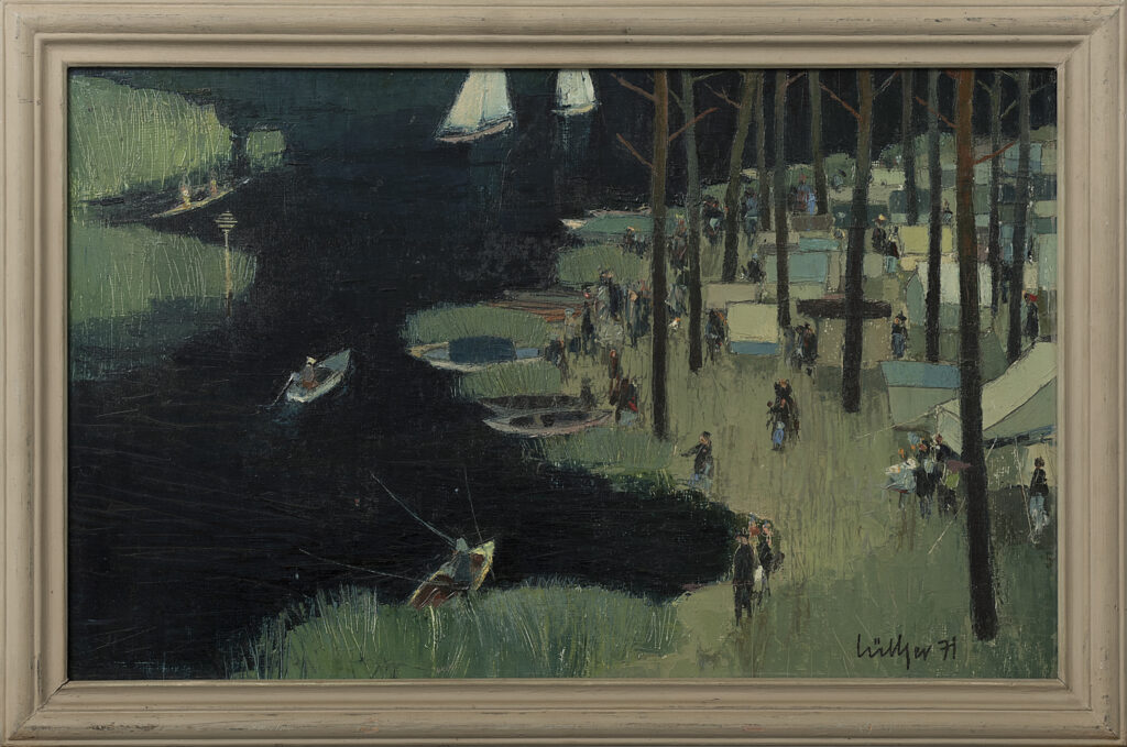 painting, bird's eye view on a scene of people at a lake side