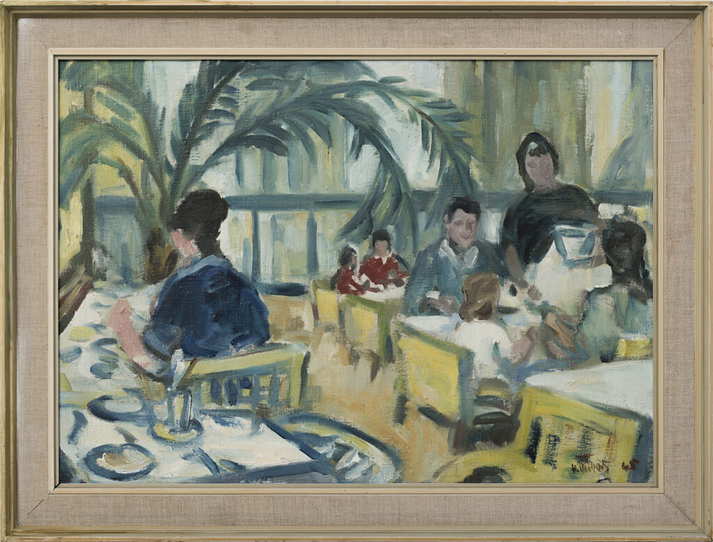 painting, inside view of dinning room with guests and a big houseplant
