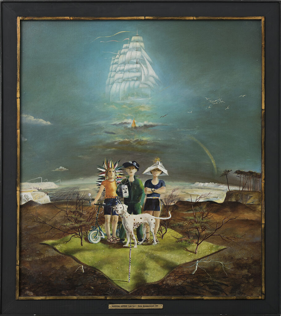 Malerei, Gruppe von drei Kindern und einem Dalmatiener