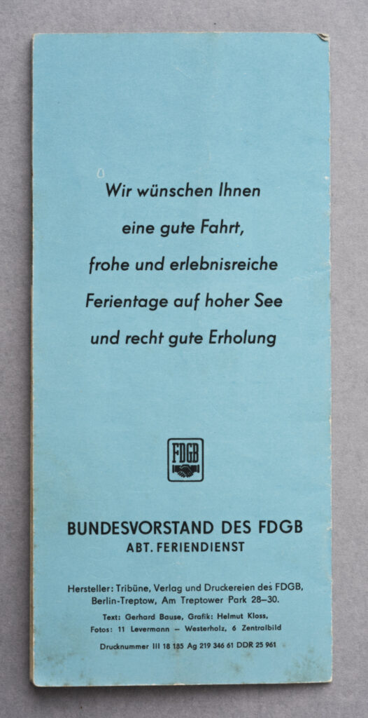 a brochure on the holiday ship Fritz Heckert, backside