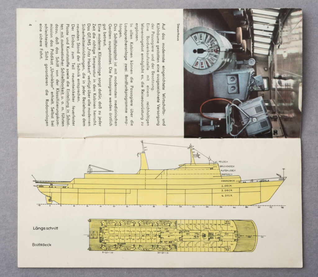 a brochure on the holiday ship Fritz Heckert, inside with a technical illustration of the ship