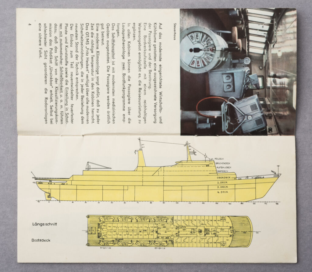 Prospekt über das Urlaubsschiff Fritz Heckert, Innenseite mit einer technischen Darstellung des Schiffs