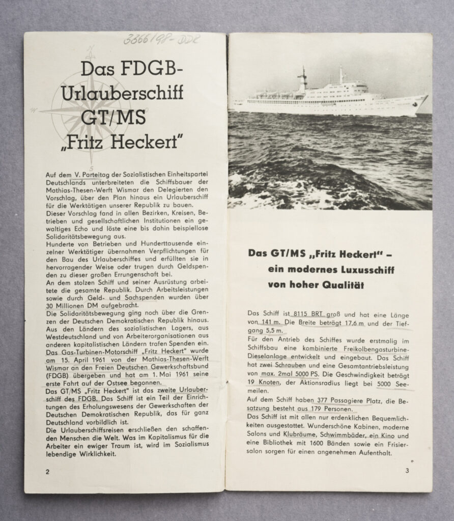 a brochure on the holiday ship Fritz Heckert, inside