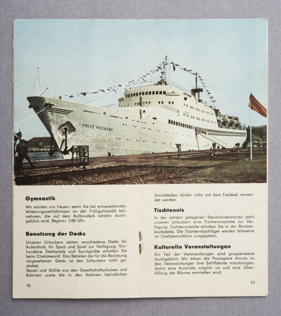 a brochure on the holiday ship Fritz Heckert, inside with a picture of the ship