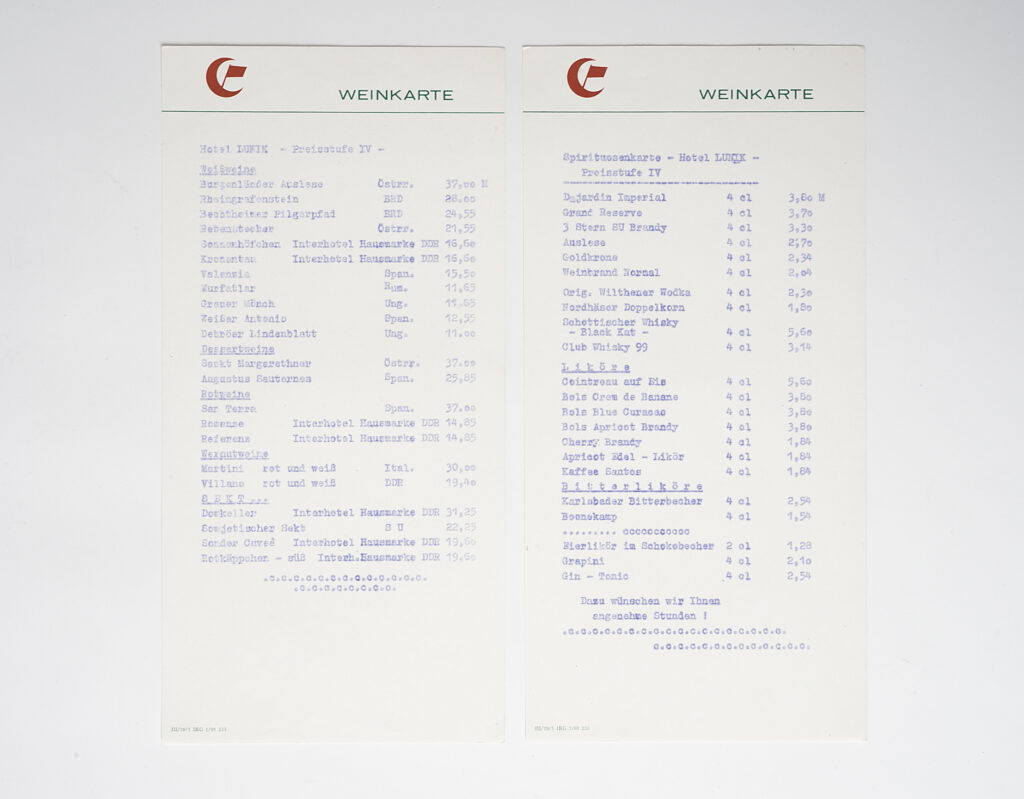 Menu of the hotel Lunik, drak red design, wine list