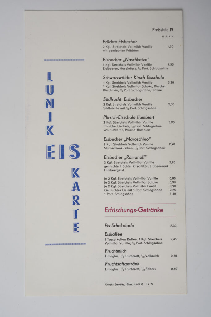 Ice cream menu of the hotel Lunik