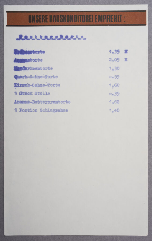 Menu of the hotel Lunik, list of the confectionery of the house