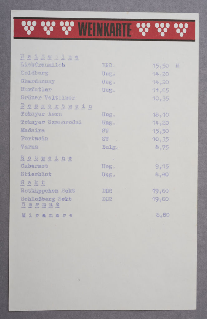 Menu of the hotel Lunik, wine list