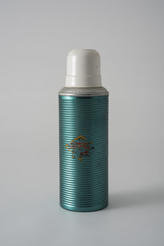 aluminium thermos, green with white plastic lid