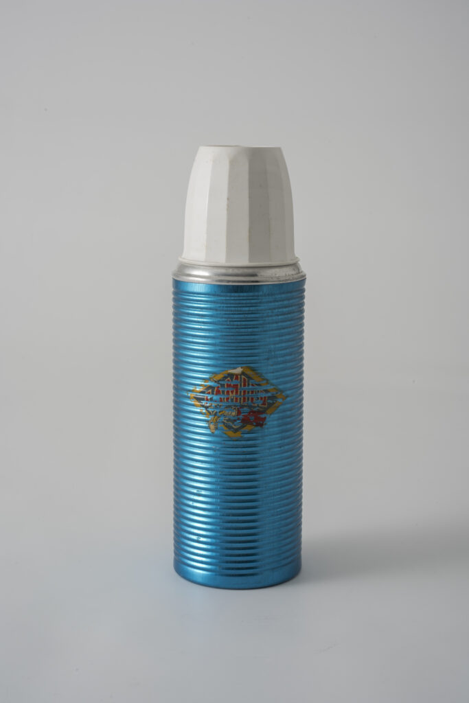 aluminium thermos, blue with white plastic lid